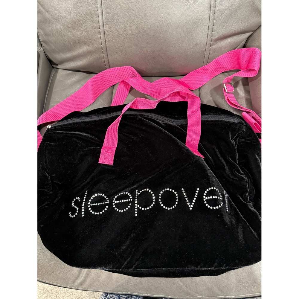 Black Velour Duffle Bag Rhinestone‎ Sleepover Pink Straps BSG Logo